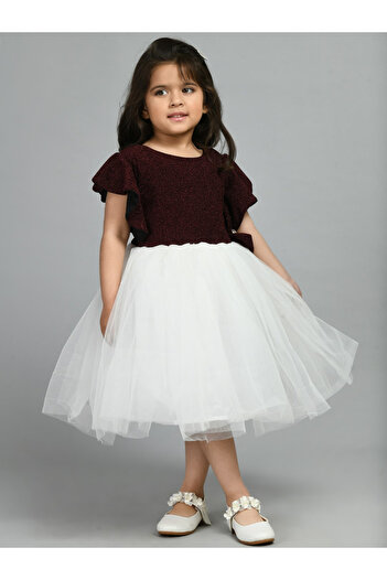 Bella Moda By Styli Embellished Mesh Insert Ruffled Sleeve Knee-Length Dress