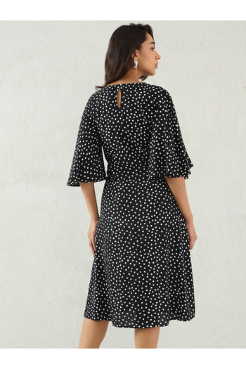 Styli Black Polka Dot Print Flared Sleeves A-Line Midi Dress with Knotted Front