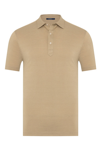 Germirli Beige Piquet Shirt Collar Regular Fit Mercerized Cotton T-Shirt
