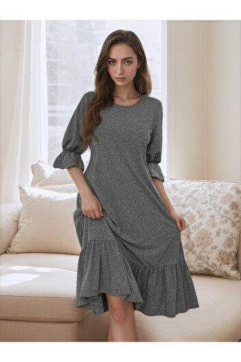 Styli Women Solid Ruffle Hem Round Neck Nightdress