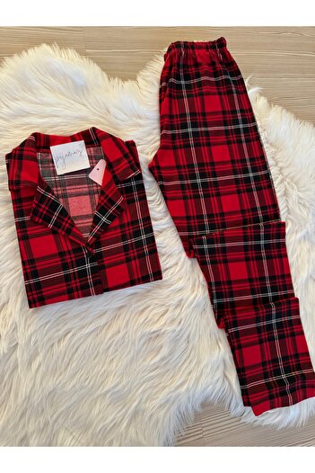 Pijamacs Set de pijamale cu mâneci lungi, cu model în carouri, negru și roșu