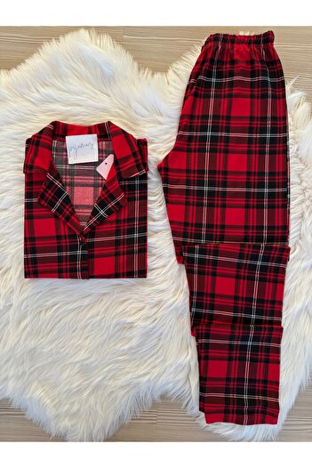 Pijamacs Set de pijamale cu mâneci lungi, cu model în carouri, negru și roșu