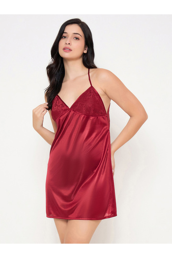 Clovia By Styli Solid Lace Insert V Neck Satin Babydoll