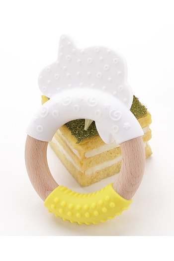 Fab N Funky Silicone & Wood Teether for Babies - Soothing Yellow Unicorn-Shaped Rattle for Sore Gums, 4M+