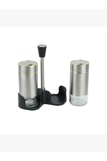 rexa 2-Piece Silver Glass Spice Jar Set with Gold Frame and Black Plastic Stand - 2SS29-212