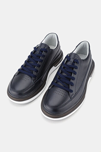 TUNAELLİ Men's Navy Blue Khaki Natural Leather Sneaker Lace up Shoes