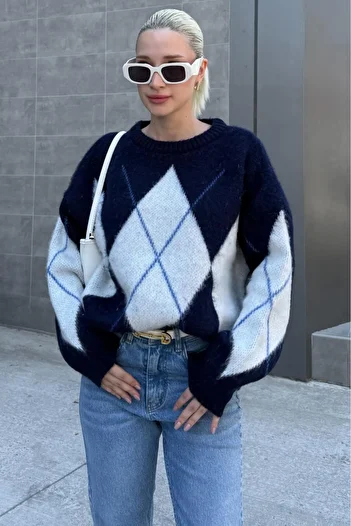Madmext Navy Blue Crew Neck Diamond Pattern Women's Sweater Mg2471