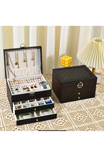 newnet Jewelry Box Makeup Table Top 3 Tier Multifunctional Organizer with Lock Black Leather Covered -Mdl8-