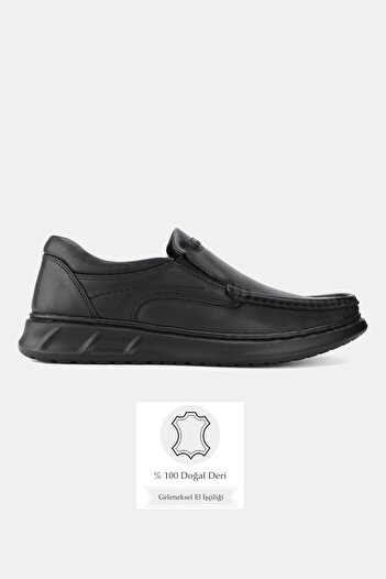TUNAELLİ Men's Black Khaki Natural Leather Orthopedic Loafer Shoes