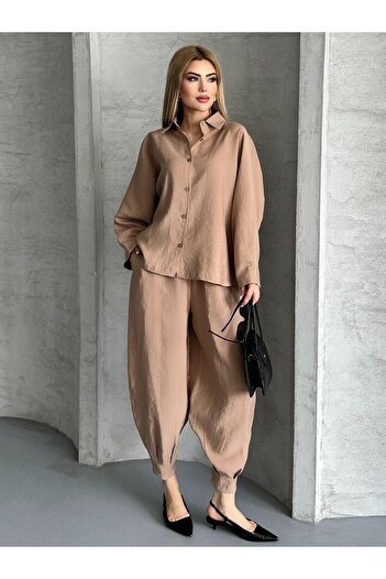 FERZOLAİO Linen Milk Brown Shalwar Suit