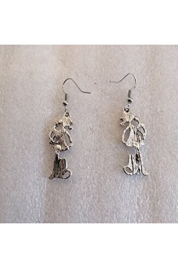 Butik Tülin Authentic Silver Metal Tiny Heart Cat Girl Child Dangle Earrings 5X1.2Cm