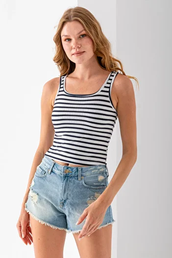 GİYSA Women's Strap U-Neck Striped Basic Undershirt Navy Blue - 25603