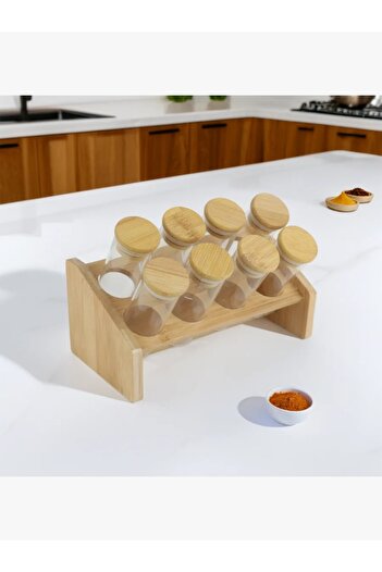 rexa 8-Piece Glass Spice Jar Set with Wooden Stand - 2SS02-991