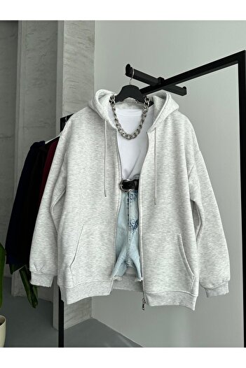 FERZOLAİO Zippered Hooded Oversize Melange Cardigan