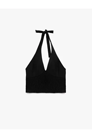 Koton Slim Fit Gipeli Halter Neckline Linen Blend Sleeveless Crop Blouse