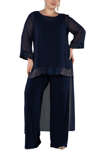 Arden Plus Size Evening Dress Jumpsuit, Black, Purple, Saks, Navy Blue Chiffon, Wide Leg, No Decollete, Wedding, Invitation, 44-54