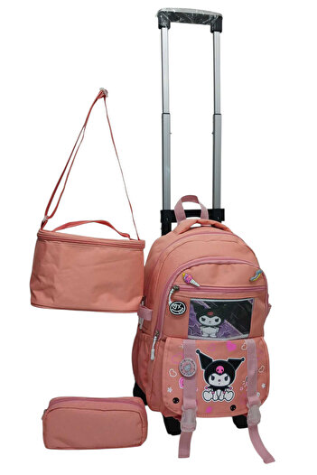 ROWAN ÇANTA 2 KADEMELİ ÇEKCEKLİ TEKERLEKLİ KAREKTER DESENLİ PORTATİF 3'LÜ SET PEMBE İLKOKUL SIRT ÇANTASI