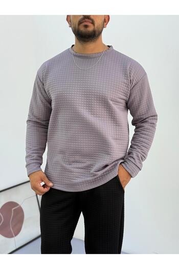 Baycombine35 Men's Crew Neck Quilted Patterned Waffle Fabric Sweatshirt