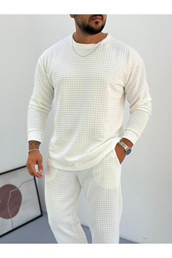 Baycombine35 Men's Crew Neck Quilted Patterned Waffle Fabric Sweatshirt