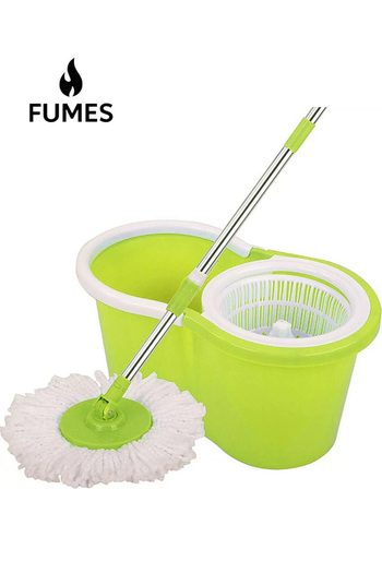 Fumes Spin mop and bucket set with 2 microfiber heads and 360 degree rotating handle for floor cleaning