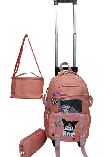 ROWAN ÇANTA 2 KADEMELİ ÇEKCEKLİ TEKERLEKLİ KAREKTER DESENLİ PORTATİF 3'LÜ SET PEMBE İLKOKUL SIRT ÇANTASI