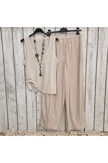 pudubutik Parachute Fabric Wide Leg Beige Trousers
