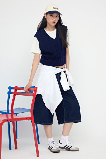 Trendyol Collection Teen Navy Blue 2-Piece T-Shirt Hair Knitwear Sweater Twoaw26Kz00131