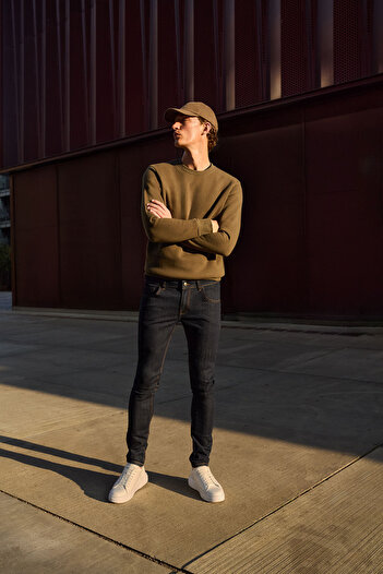 AC&Co / Altınyıldız Classics Erkek Haki Standart Fit Normal Kesim Içi Polarlı 3 Iplik Bisiklet Yaka Pamuklu Sweatshirt