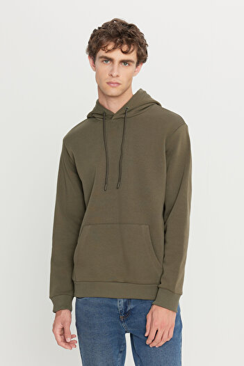 AC&Co / Altınyıldız Classics Men's Khaki Standard Fit Normal Cut Fleece 3 Thread Hooded Kangaroo Pocket Cotton Sweatshirt