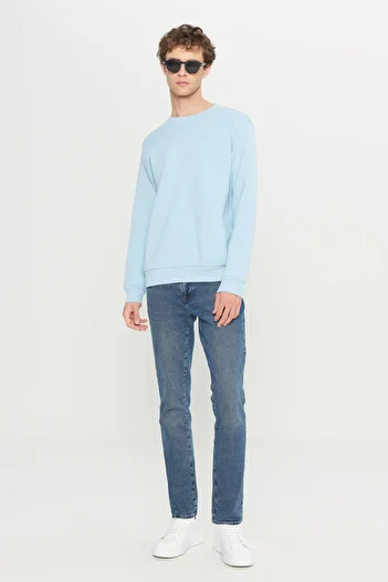 AC&Co / Altınyıldız Classics Light Blue Fleece Cotton Men's Sweatshirt - Crew Neck, 3 Thread