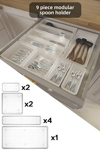 Meleni Home Σετ 9 τεμαχίων Modular Spoon Rest - Ρυθμιζόμενο συρτάρι κουζίνας και διαφανές οργανωτή