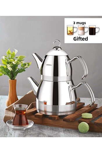 Kahramanlar Medium Size Teapot Set with 3 Glass Mug Gift