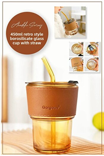 Keyfi Sepet 450ml Heat Resistant Borosilicate Glass with Straw and Leather Stripe Detail |   Coffee Presentation Cup - 1 Piece