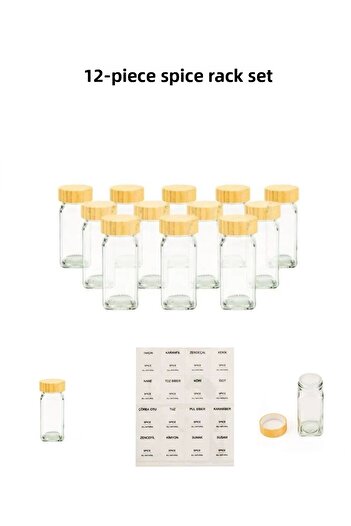 MİEN 12-Piece Glass Spice Rack Set / Bamboo Lid - 11 cm