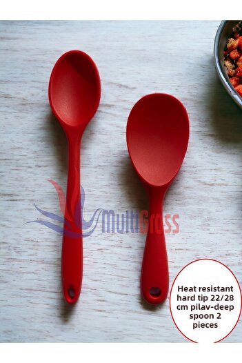 Multiamo Hard Tip Heat Resistant Fireproof Non-Stick Silicone Long Spoon 28 Cm Short Spoon 22 Cm / 2 Pcs