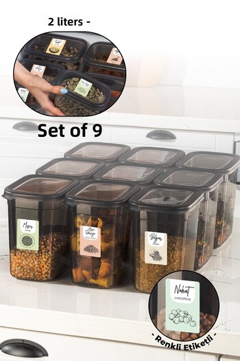 Vienev Set of 9 Peggy Rectangular Storage Container with Colorful Labels 2 Liters Anthracite