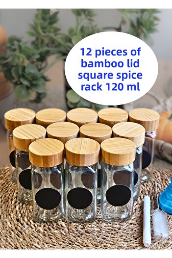 BRE HOME 12Pcs Square Glass Spice Rack with Bamboo Lid with Sprinkle Head with Marker Funnel with Pen with Brush