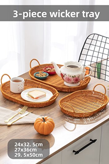 Porsima 708-D Oval 3-Piece Wicker Basket Set - Home and Kitchen Organizer Tray with Handles