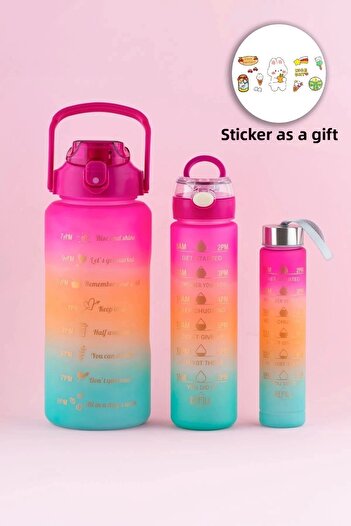 Rosemor Set of 3 Motivational Unscented Stickered Sports Water Bottle Flask with Straw Portable Water Bottle Black