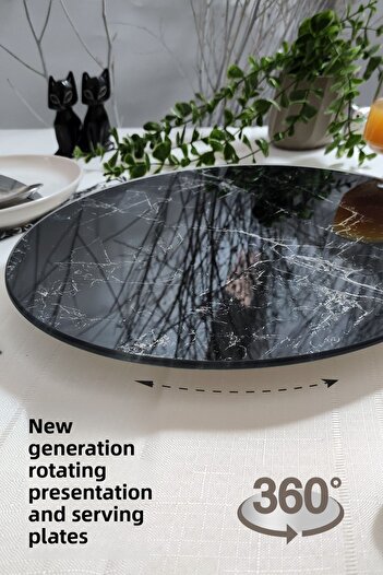 Sunum360 Black Marble Patterned Luxury Service Presentation Plate with Rotating Stand, Rotating Cake and Cheese Plate Stand