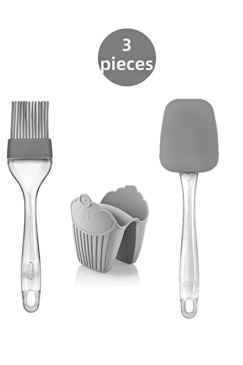 Bayev 3-Piece Silicone Brush - Spatula - Oven Glove ( Elcek - Holder ) Gray