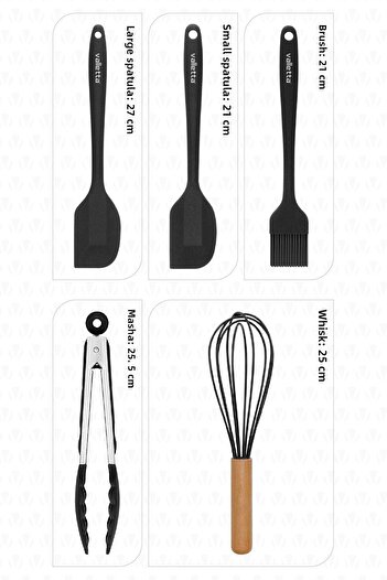 valletta Fugazi Heat Resistant Fireproof Non-Stick Silicone Spatula Set 5 Pieces Black