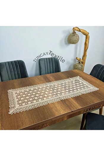 TUNCAY TEKSTİL Daisy Pattern Laced Polyester Runner Ranir Coffee Table Tablecloth French Guipure Cover Brown
