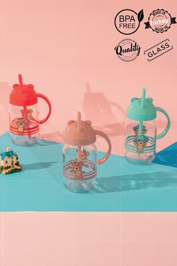 QLUX IDEAS Tedy Bear Glass Straw Cup with Handle Water Bottle 370ml