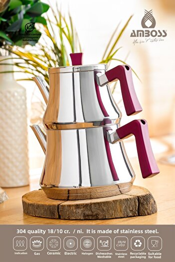 Amboss Ruby Claret Red Bakelite Handle Stainless Steel Medium Size Teapot Suitable for All Stoves