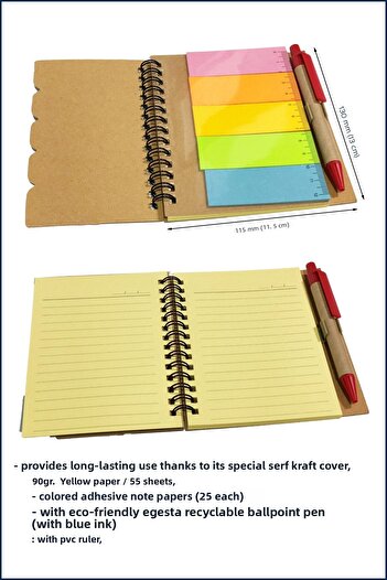 EGESTA Spiral Notebook with Recycled Colored Adhesive Note Paper + Ballpoint Pen