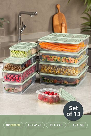 Vienev 13-Piece Refrigerator Freezer Organizer and Storage Container Mint 6X(350ml) 2X(1.65Lt) 3X(3.5Lt) 2X(1.75Lt)