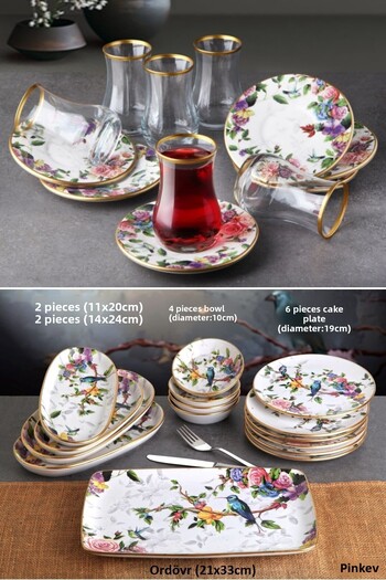Pinkev Flora 27 Pieces Ceramic Breakfast Cake Plate Presentation Set for 6 People - Kup115F