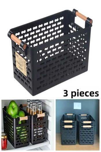 Bayev 3 Pieces Black Wooden Color Plastic Handle Organizer Basket Bread Bowl Vegetable Fruit Basket