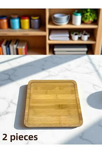 CİHO 2-Piece Bamboo Wooden Square Serving Presentation Plate, Breakfast Presentation Plate 20 cm (Vivatti)